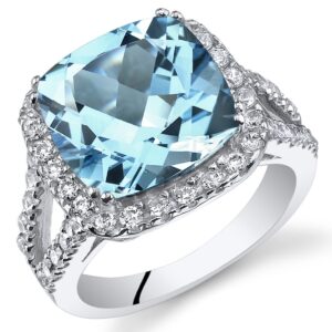 peora swiss blue topaz signature ring for women 925 sterling silver, genuine gemstone birthstone, large 6.25 carats cushion cut 11mm, size 9