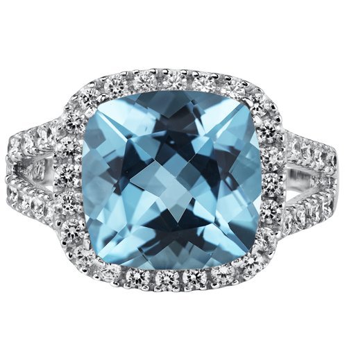 PEORA Swiss Blue Topaz Signature Ring for Women 925 Sterling Silver, Genuine Gemstone Birthstone, Large 6.25 Carats Cushion Cut 11mm, Size 9