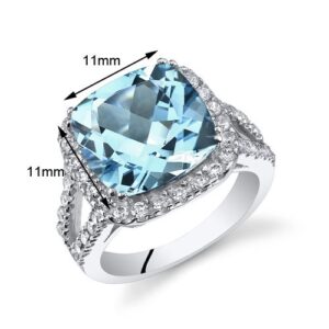 PEORA Swiss Blue Topaz Signature Ring for Women 925 Sterling Silver, Genuine Gemstone Birthstone, Large 6.25 Carats Cushion Cut 11mm, Size 9