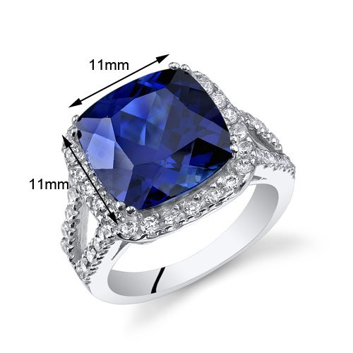 PEORA Created Blue Sapphire Signature Ring for Women 925 Sterling Silver, Large 7.75 Carats Cushion Cut 11mm, Size 7