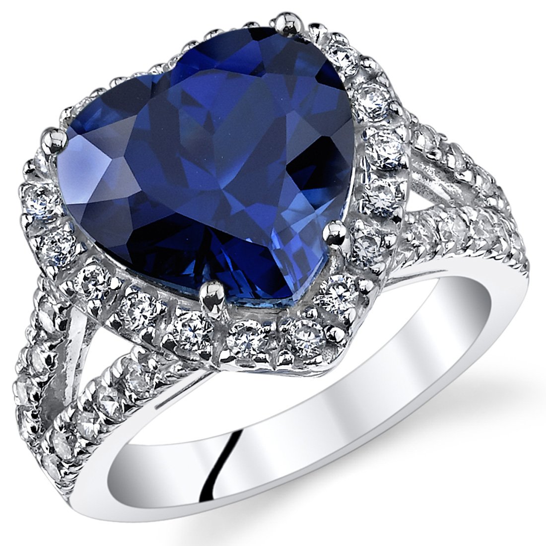 PEORA Created Blue Sapphire Signature Heart Ring for Women 925 Sterling Silver, Large 6.50 Carats Heart Shape 11mm, Size 6