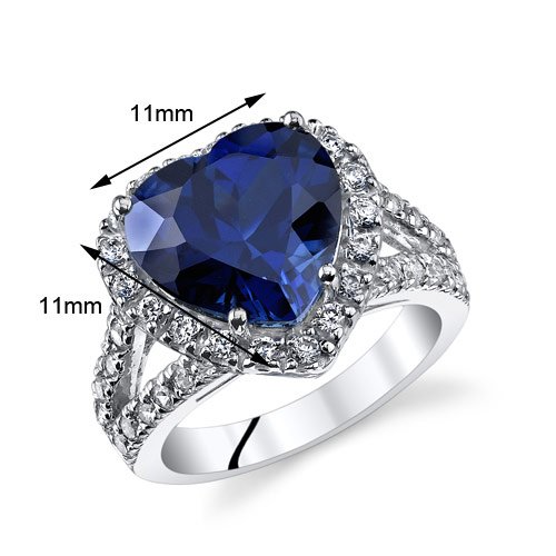 PEORA Created Blue Sapphire Signature Heart Ring for Women 925 Sterling Silver, Large 6.50 Carats Heart Shape 11mm, Size 6