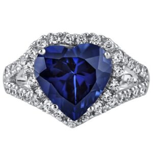 PEORA Created Blue Sapphire Signature Heart Ring for Women 925 Sterling Silver, Large 6.50 Carats Heart Shape 11mm, Size 6