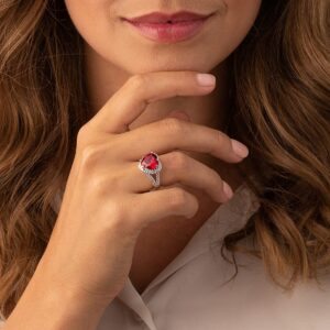 PEORA Created Ruby Signature Heart Ring for Women 925 Sterling Silver, Large 6.25 Carats Heart Shape 11mm, Size 9