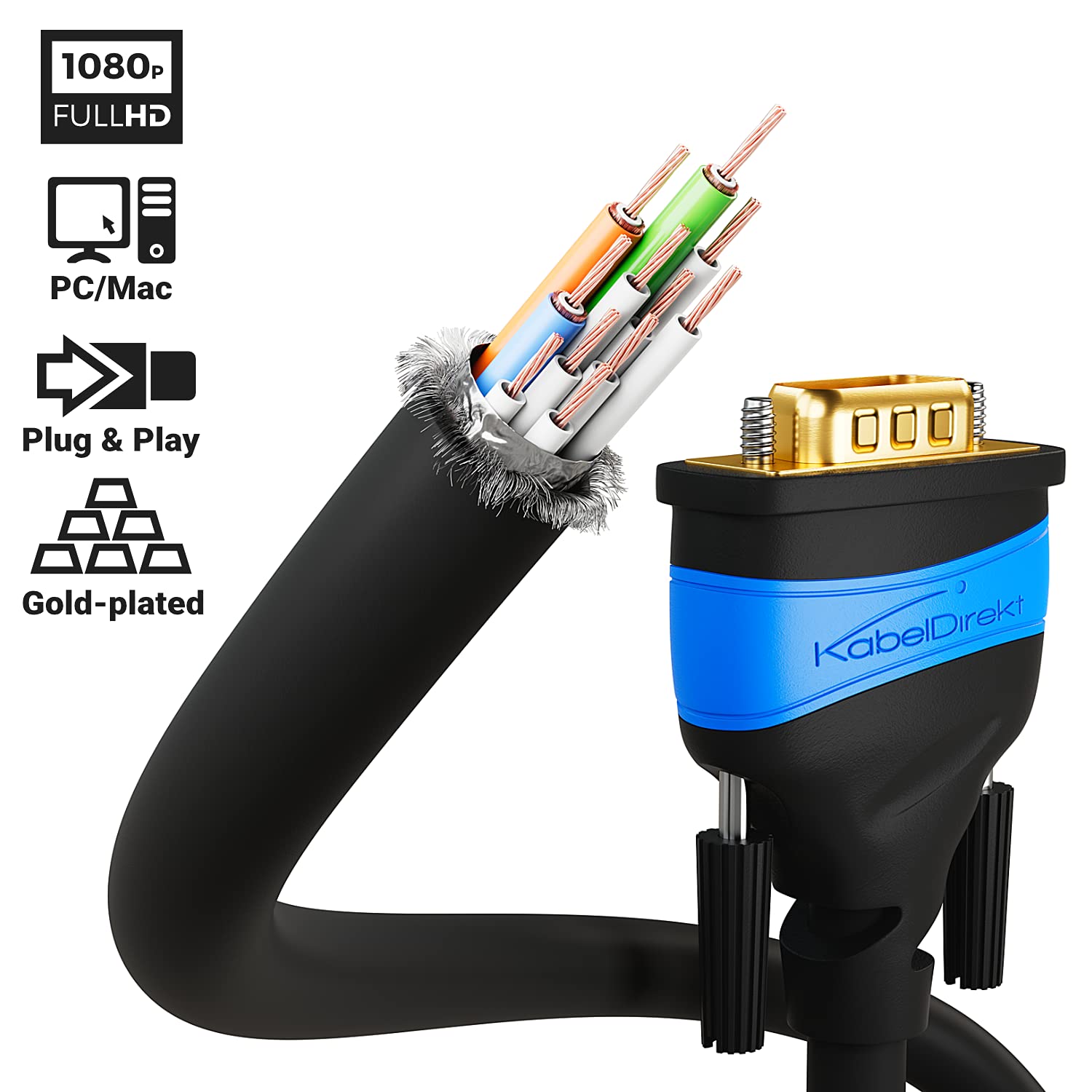 KabelDirekt – 20 ft – VGA cable for maximum video quality thanks to high-purity copper conductors (Full HD, VGA to VGA, connects computers to screens/projectors, 15-pin D-Sub, monitor cable, black)