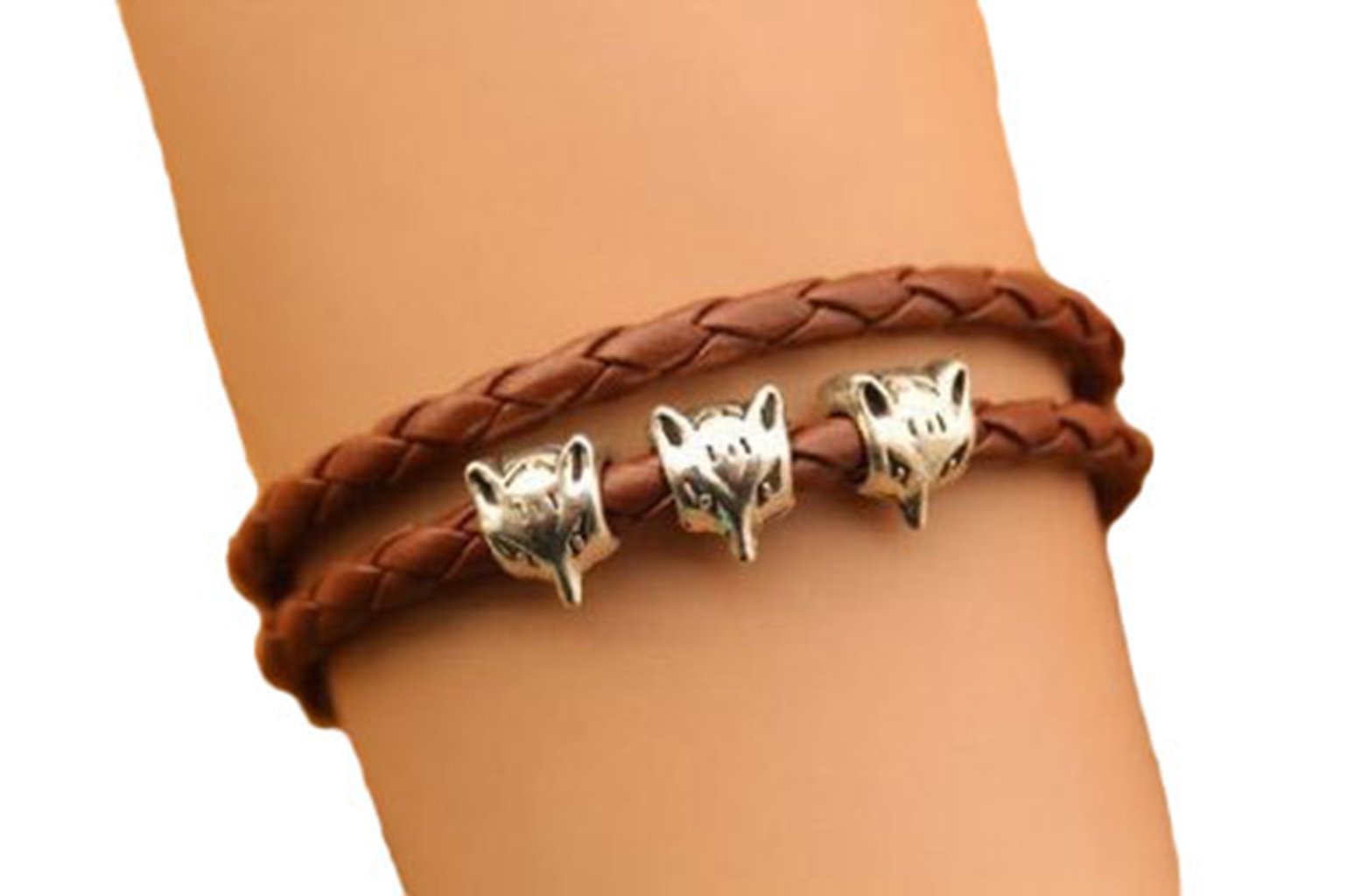 Fox Bracelet,Cute Fox Head Charm Bracelet,Brown Leather Rope Bracelet,Birthday Gift