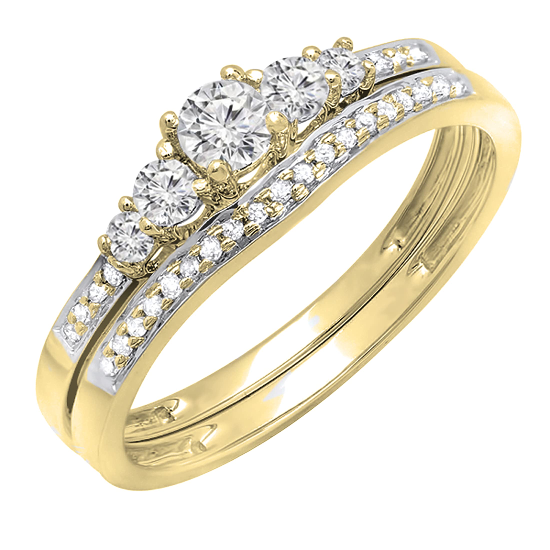 Dazzlingrock Collection Round White Diamond Five Stone Bridal Engagement Ring Matching Band Set for Her (0.45 ctw, Color I-J, Clarity I1-I2) in 14K Yellow Gold Size 7.5