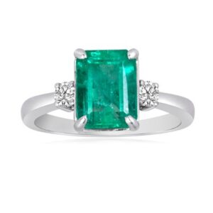 Vogati 0.20 Cts Diamond & 2.62 Cts Emerald-Cut Natural Emerald Three Stone Ring in Platinum-6.0