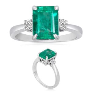 Vogati 0.20 Cts Diamond & 2.62 Cts Emerald-Cut Natural Emerald Three Stone Ring in Platinum-6.0