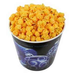 Signature Popcorn, 1-Gallon Happy Holidays Blue Ornament Reusable Plastic Tin - Gourmet Cheddar Cheese Popcorn