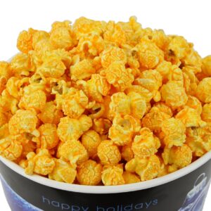 Signature Popcorn, 1-Gallon Happy Holidays Blue Ornament Reusable Plastic Tin - Gourmet Cheddar Cheese Popcorn