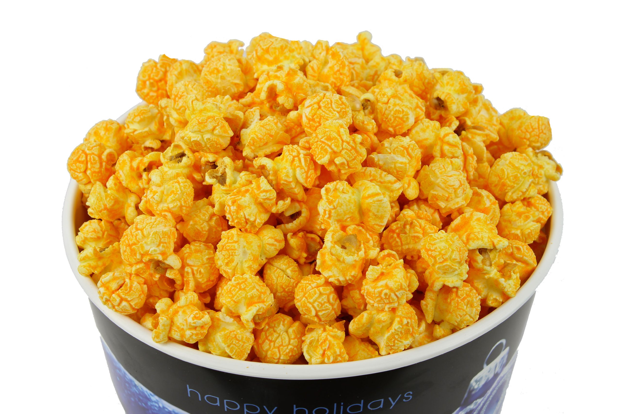 Signature Popcorn, 1-Gallon Happy Holidays Blue Ornament Reusable Plastic Tin - Gourmet Cheddar Cheese Popcorn