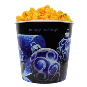 Signature Popcorn, 1-Gallon Happy Holidays Blue Ornament Reusable Plastic Tin - Gourmet Cheddar Cheese Popcorn