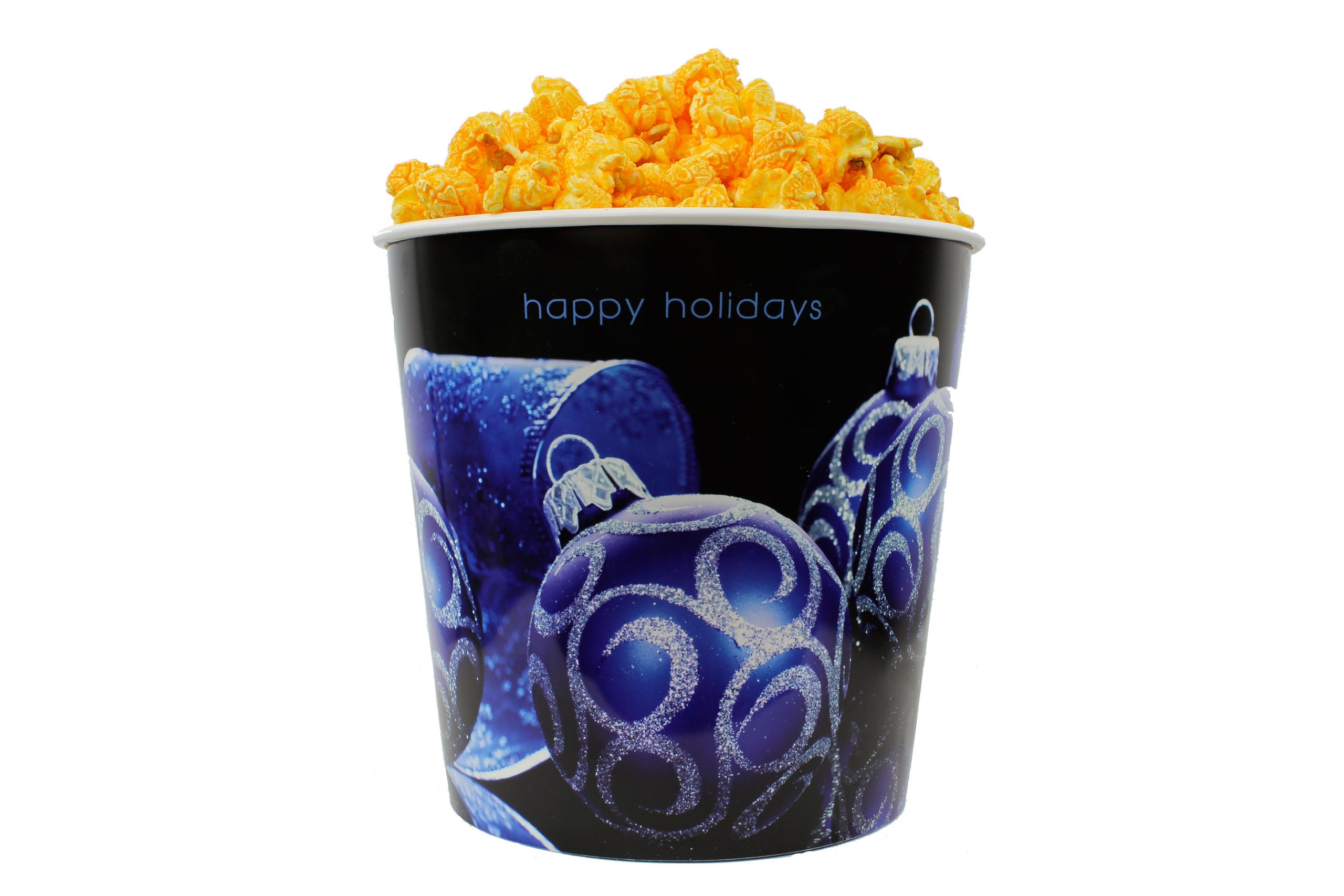 Signature Popcorn, 1-Gallon Happy Holidays Blue Ornament Reusable Plastic Tin - Gourmet Cheddar Cheese Popcorn