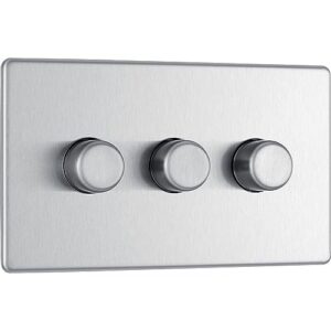 BG Electrical FBS83P-01 Screwless Flat Plate 400W 3 Gang 2 Way Push Dimmer Switch, Brushed Steel, 400 W