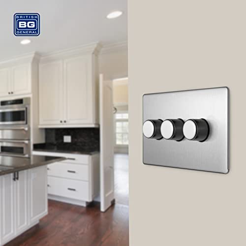 BG Electrical FBS83P-01 Screwless Flat Plate 400W 3 Gang 2 Way Push Dimmer Switch, Brushed Steel, 400 W