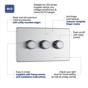 BG Electrical FBS83P-01 Screwless Flat Plate 400W 3 Gang 2 Way Push Dimmer Switch, Brushed Steel, 400 W