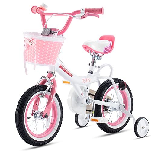 Royalbaby Princess Girl Children's Bicycle Outdoor Ride-On Bike with Training Wheels, Kickstand, Adjustable Seat and Basket, 16 Inch, Jenny/White-Pink