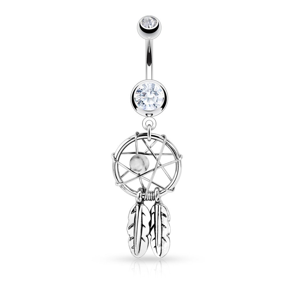 Forbidden Body Jewelry Surgical Steel Double Jeweled Dream Catcher Feathers Dangle Belly Button Ring (Clear)