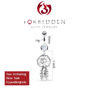 Forbidden Body Jewelry Surgical Steel Double Jeweled Dream Catcher Feathers Dangle Belly Button Ring (Clear)