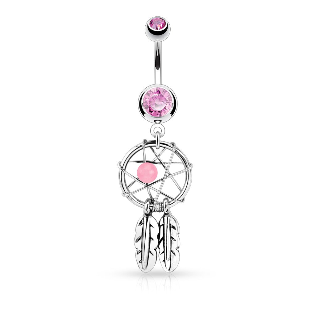 Forbidden Body Jewelry Surgical Steel Double Jeweled Dream Catcher Feathers Dangle Belly Button Ring (Pink)