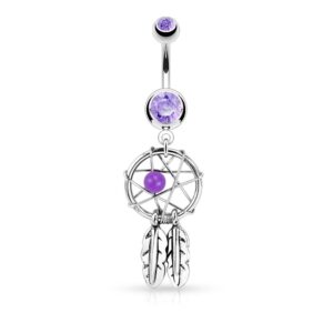 forbidden body jewelry surgical steel double jeweled dream catcher feathers dangle belly button ring (purple)