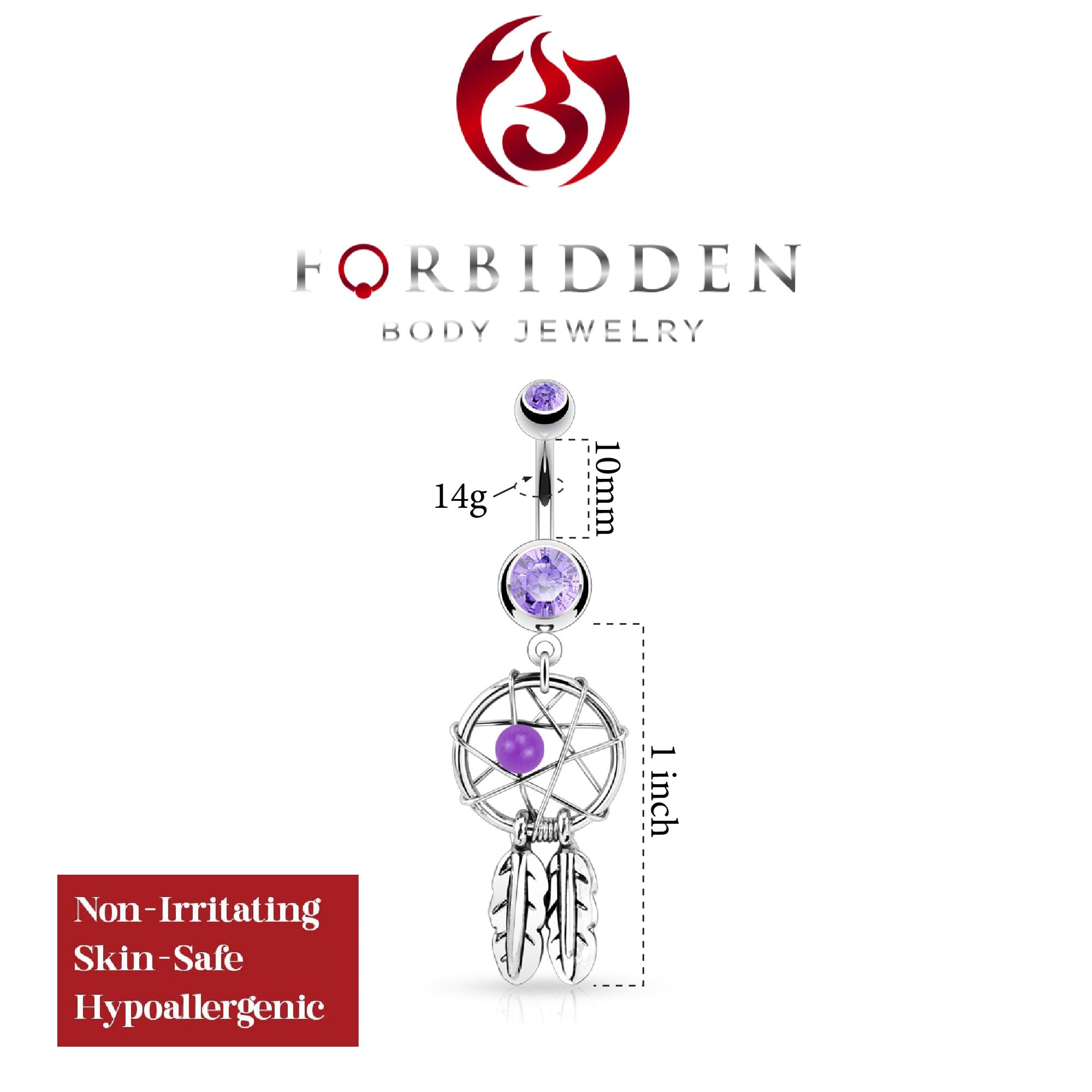 Forbidden Body Jewelry Surgical Steel Double Jeweled Dream Catcher Feathers Dangle Belly Button Ring (Purple)