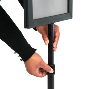 11x17 Sign Stand with Height-Adjustable Post, Top-Loading Sign Frame Includes PVC Backer and 2 Non-Glare Lenses for Double-Sided Presentations, Aluminum (Black)