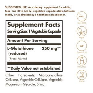 Solgar Reduced L-Glutathione 250 mg, 60 Vegetable Capsules - Antioxidant Support - Free Form Amino Acids - Non-GMO, Vegan, Gluten Free, Dairy Free, Kosher - 60 Servings