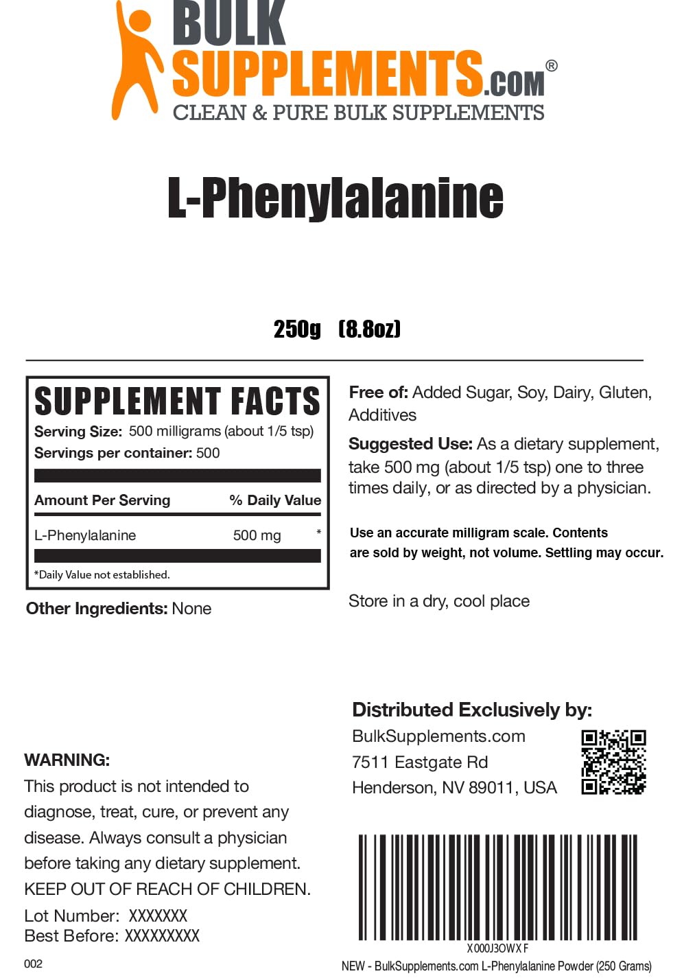 BulkSupplements.com L-Phenylalanine Powder - Phenylalanine Supplement, L-Phenylalanine 500mg - Amino Acids Supplement, Gluten Free, 500mg per Serving, 250g (8.8 oz) (Pack of 1)