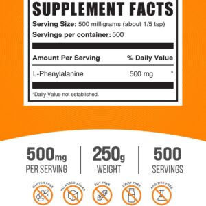 BulkSupplements.com L-Phenylalanine Powder - Phenylalanine Supplement, L-Phenylalanine 500mg - Amino Acids Supplement, Gluten Free, 500mg per Serving, 250g (8.8 oz) (Pack of 1)