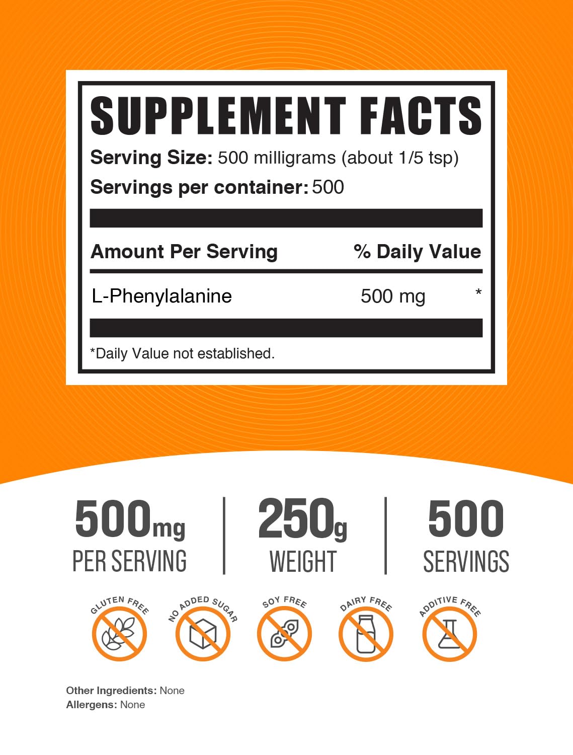 BulkSupplements.com L-Phenylalanine Powder - Phenylalanine Supplement, L-Phenylalanine 500mg - Amino Acids Supplement, Gluten Free, 500mg per Serving, 250g (8.8 oz) (Pack of 1)