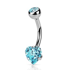 Forbidden Body Jewelry Surgical Steel Aqua CZ Jeweled Solitaire Heart Belly Button Ring