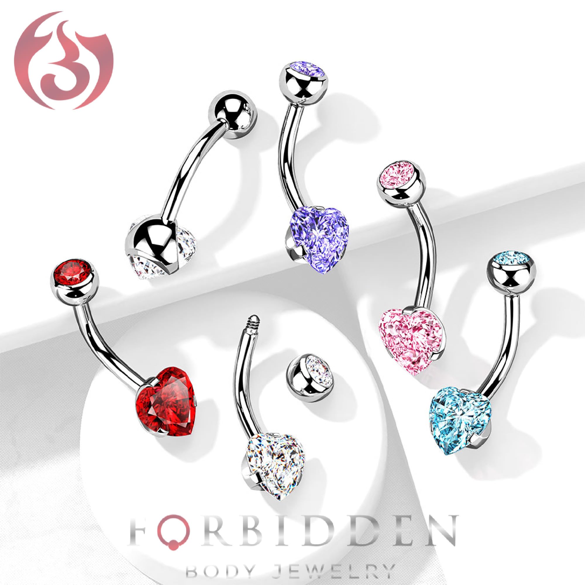 Forbidden Body Jewelry Surgical Steel Aqua CZ Jeweled Solitaire Heart Belly Button Ring