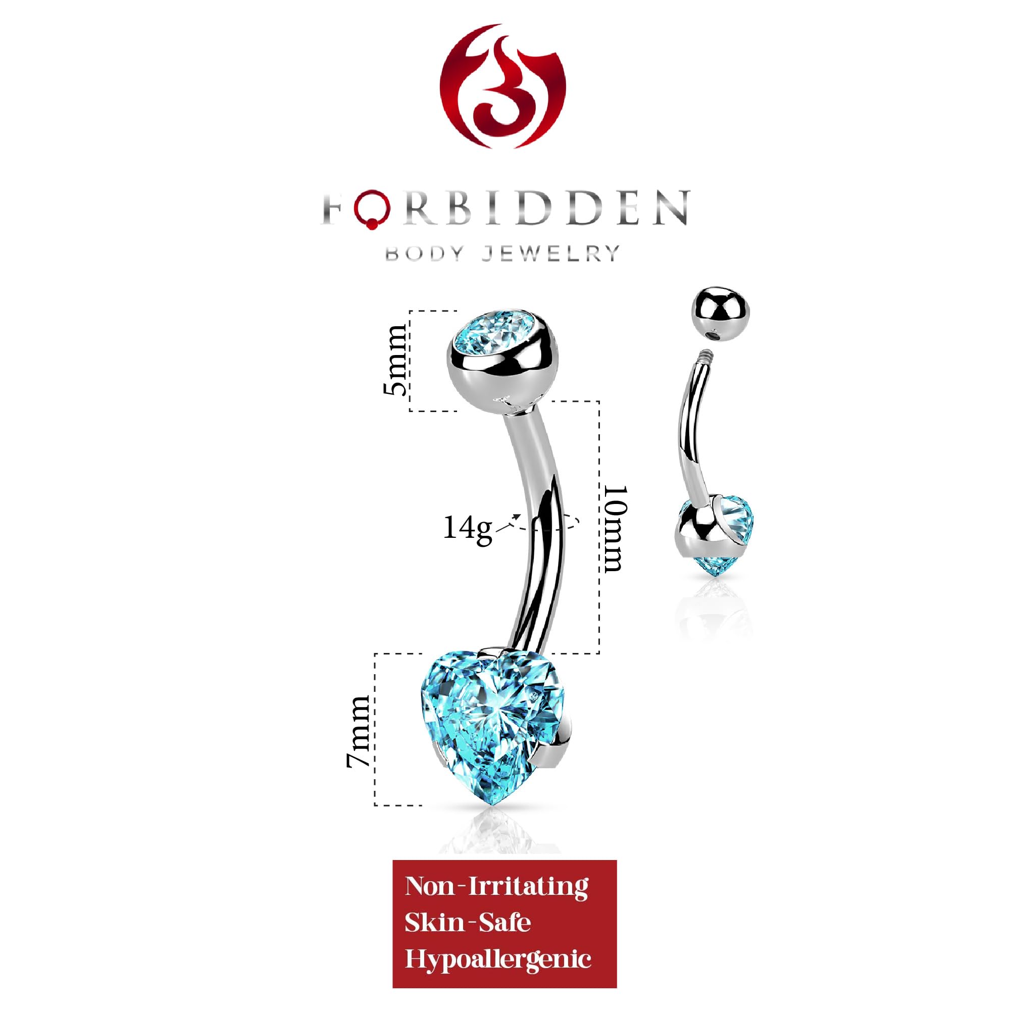 Forbidden Body Jewelry Surgical Steel Aqua CZ Jeweled Solitaire Heart Belly Button Ring