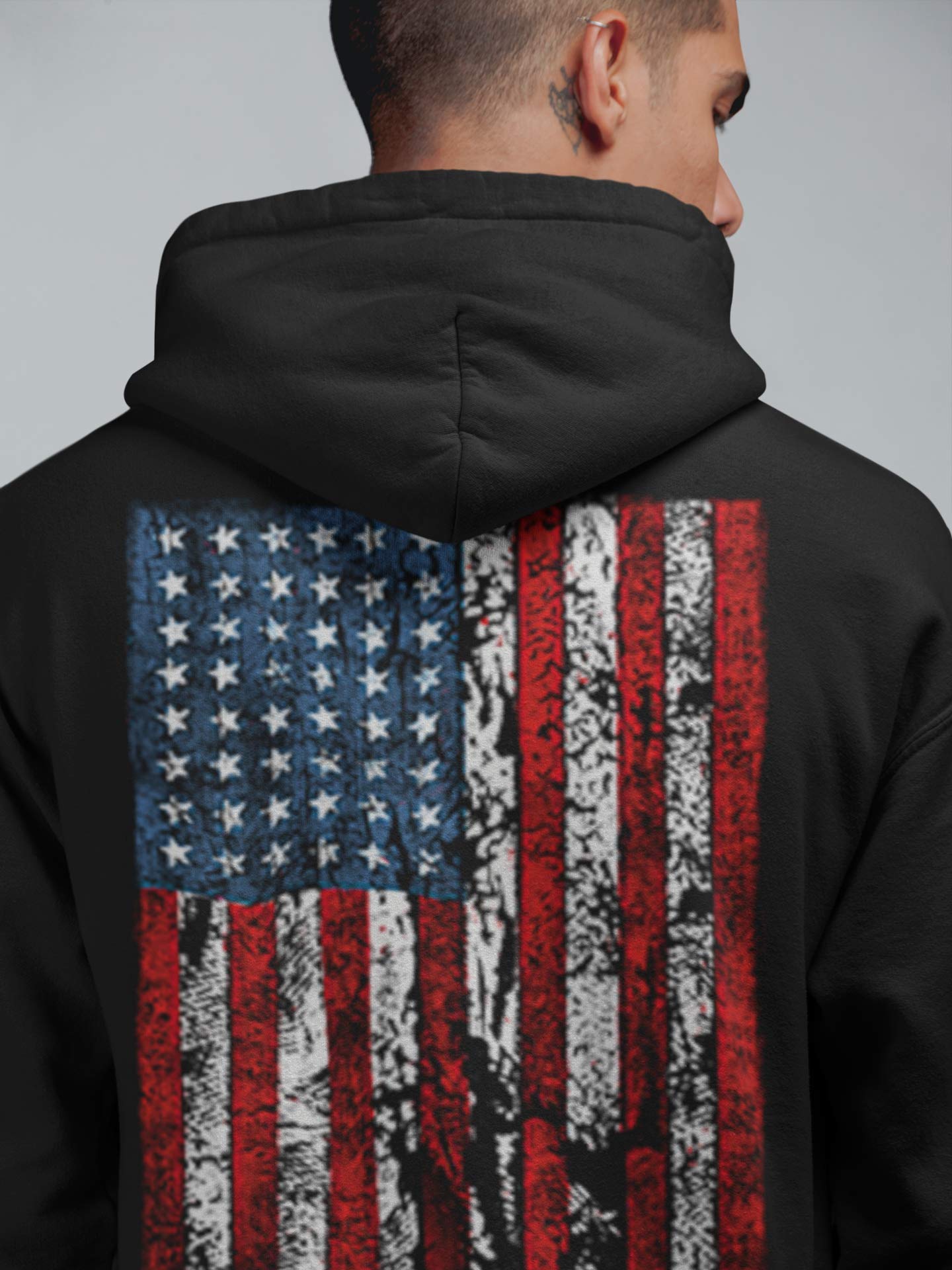 Lucky Ride American Flag Mens Sweatshirt United States USA Tattered Flag Hoodie, Black, S