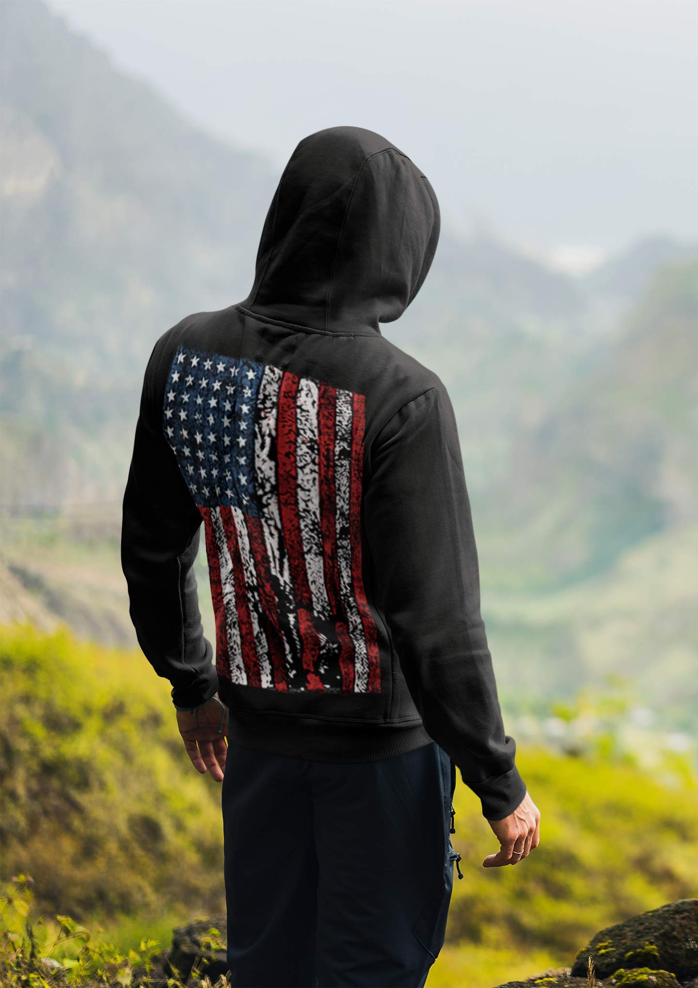 Lucky Ride American Flag Mens Sweatshirt United States USA Tattered Flag Hoodie, Black, S