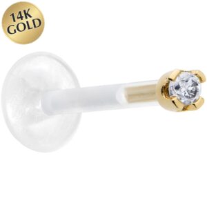 Body Candy 14k Yellow Gold 1.5mm CZ Bioplast Push in Labret Monroe 16 Gauge 3/8"