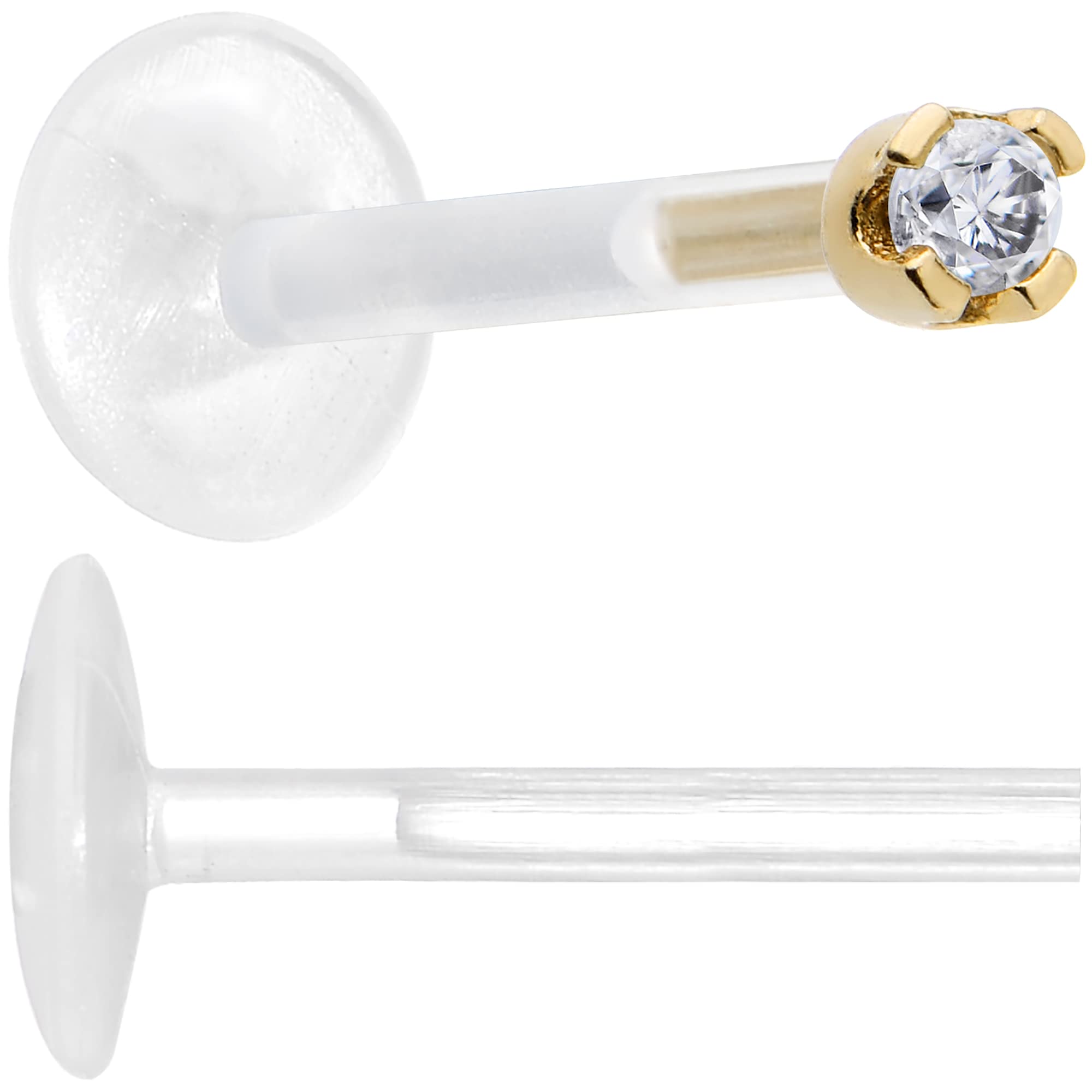 Body Candy 14k Yellow Gold 1.5mm CZ Bioplast Push in Labret Monroe 16 Gauge 3/8"