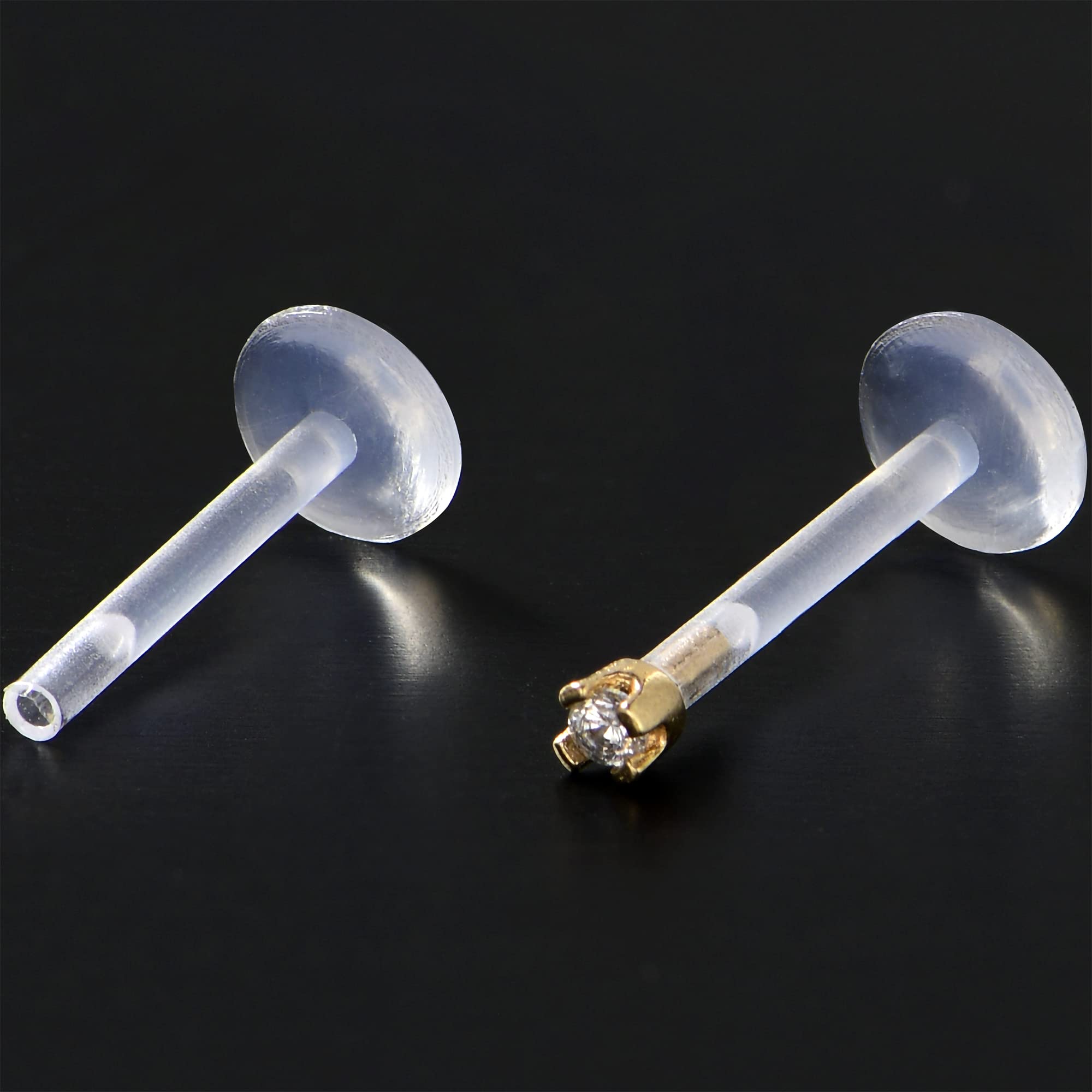 Body Candy 14k Yellow Gold 1.5mm CZ Bioplast Push in Labret Monroe 16 Gauge 3/8"