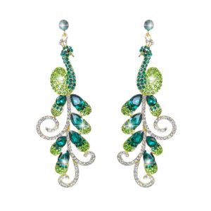 EVER FAITH Gold-Tone 4 Inch Peacock Teardrop Dangle Earrings Green Austrian Crystal