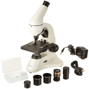 AmScope M120C-2L-PB10-E1 Digital Compound Monocular Microscope, WF10x and WF25x Eyepieces, 40x-1000x Magnification, Brightfield, Upper and Lower LED Illumination, Plain Stage, Includes Blank and Prepared Slides, 1.3MP Camera and Software