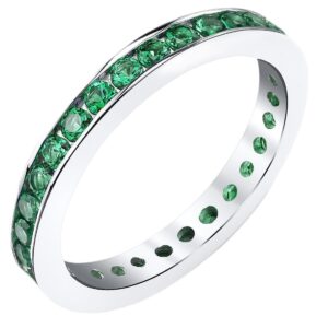 peora simulated emerald eternity ring band for women 925 sterling silver, 1.50 carats total round shape, 3mm width, size 7