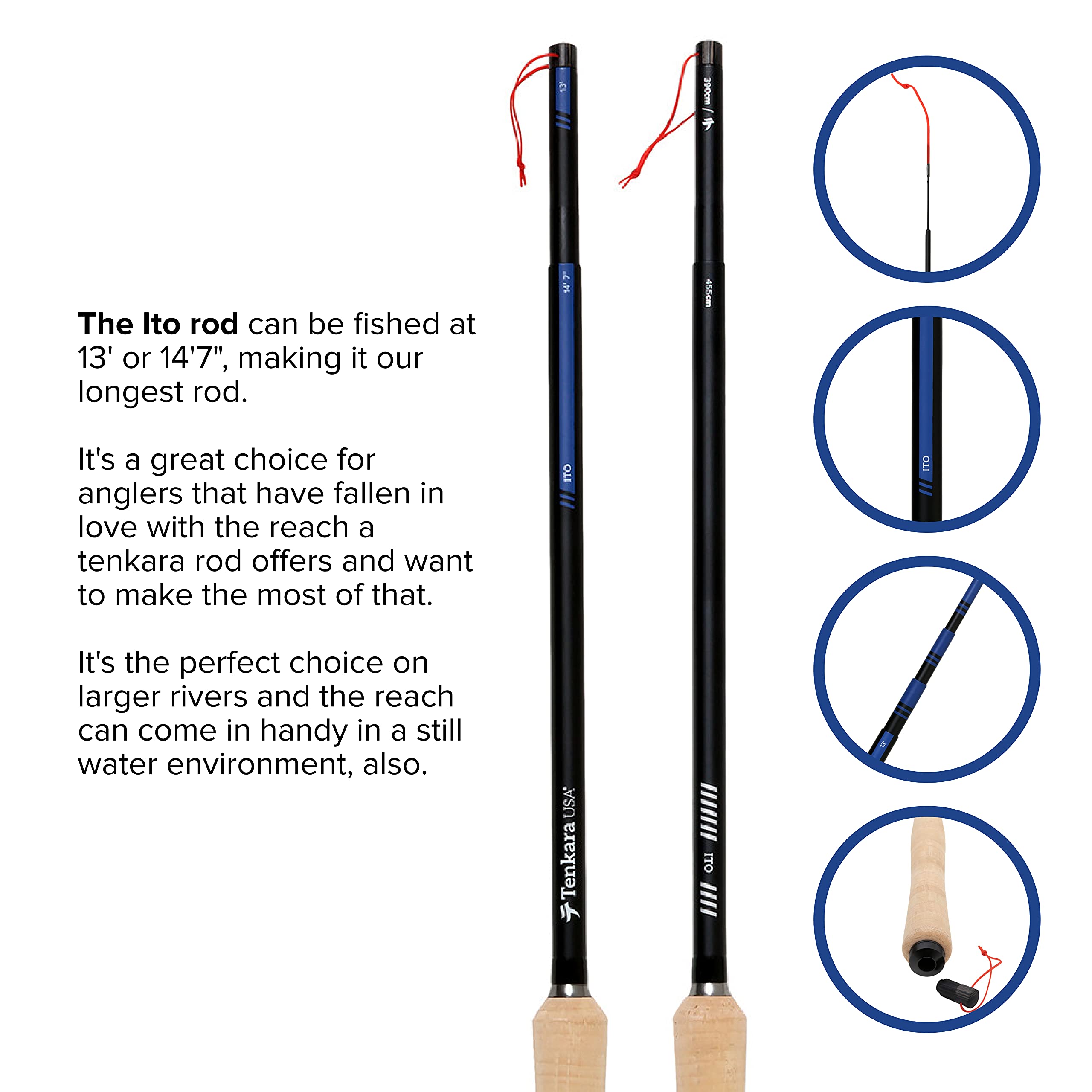 Tenkara USA Fly Fishing ITO™ Rod, for Large Fish & Wider Streams - Longest Rod - Carbon Fiber, Lightweight, Telescopic, Adjustable, 2 Multi-Lengths (13' / 14'7")