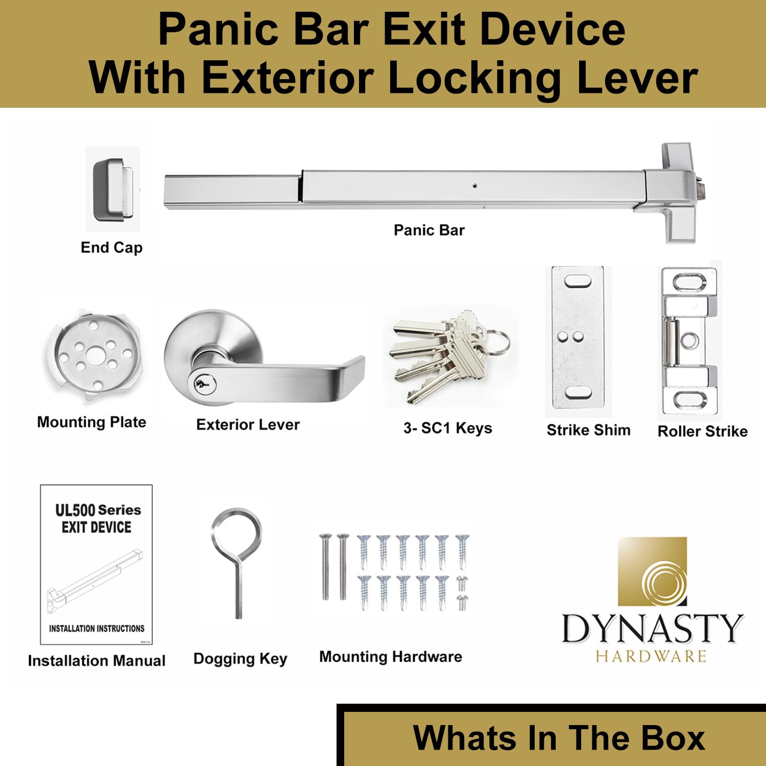 Dynasty Hardware Push Bar Panic Exit Device Aluminum, with Exterior Lever