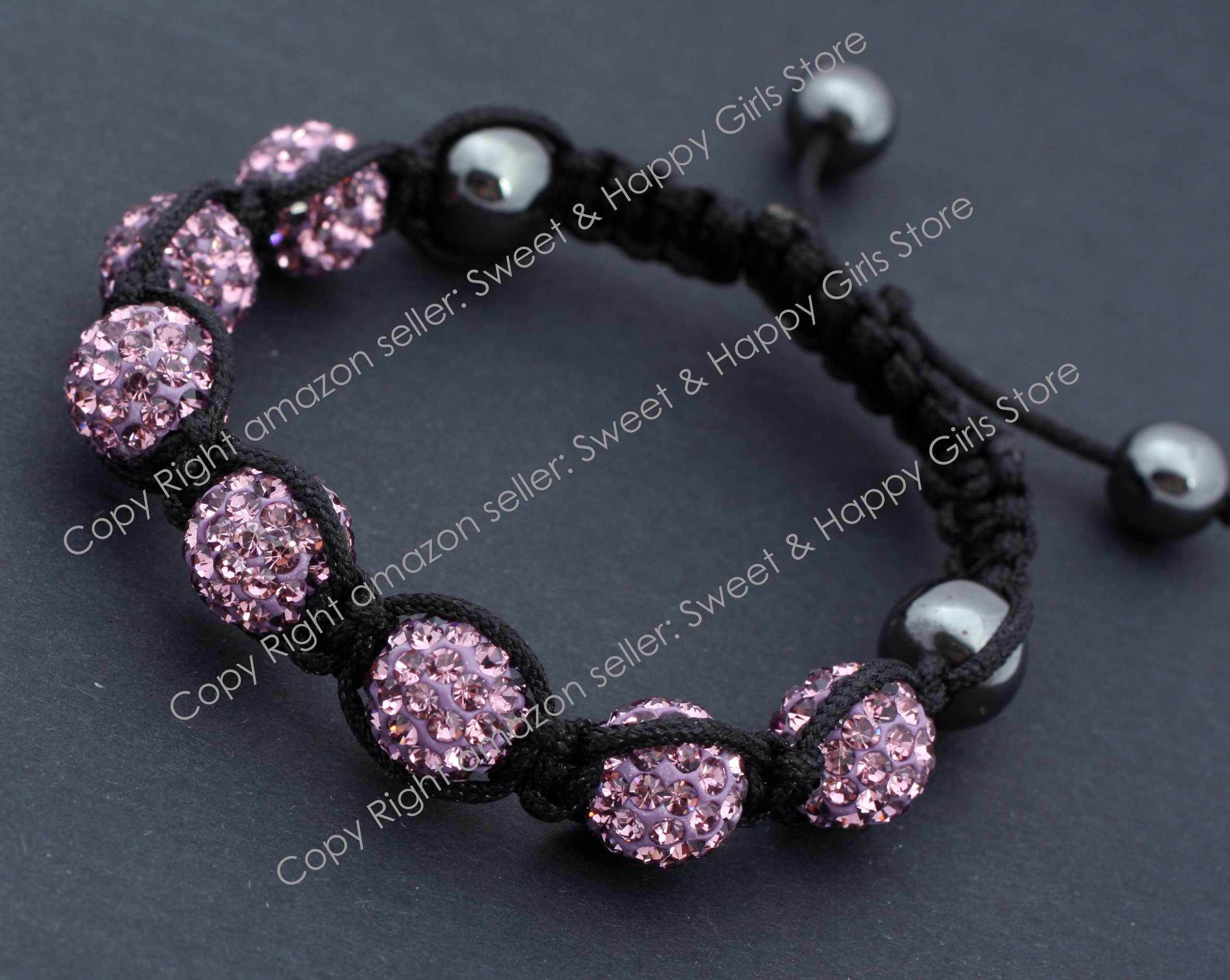 Shamballa Style Jewelry 7 Beads Purple Pave Sparkle Crystal Ball Hand-Woven Bracelet Adjustable 7 Beads