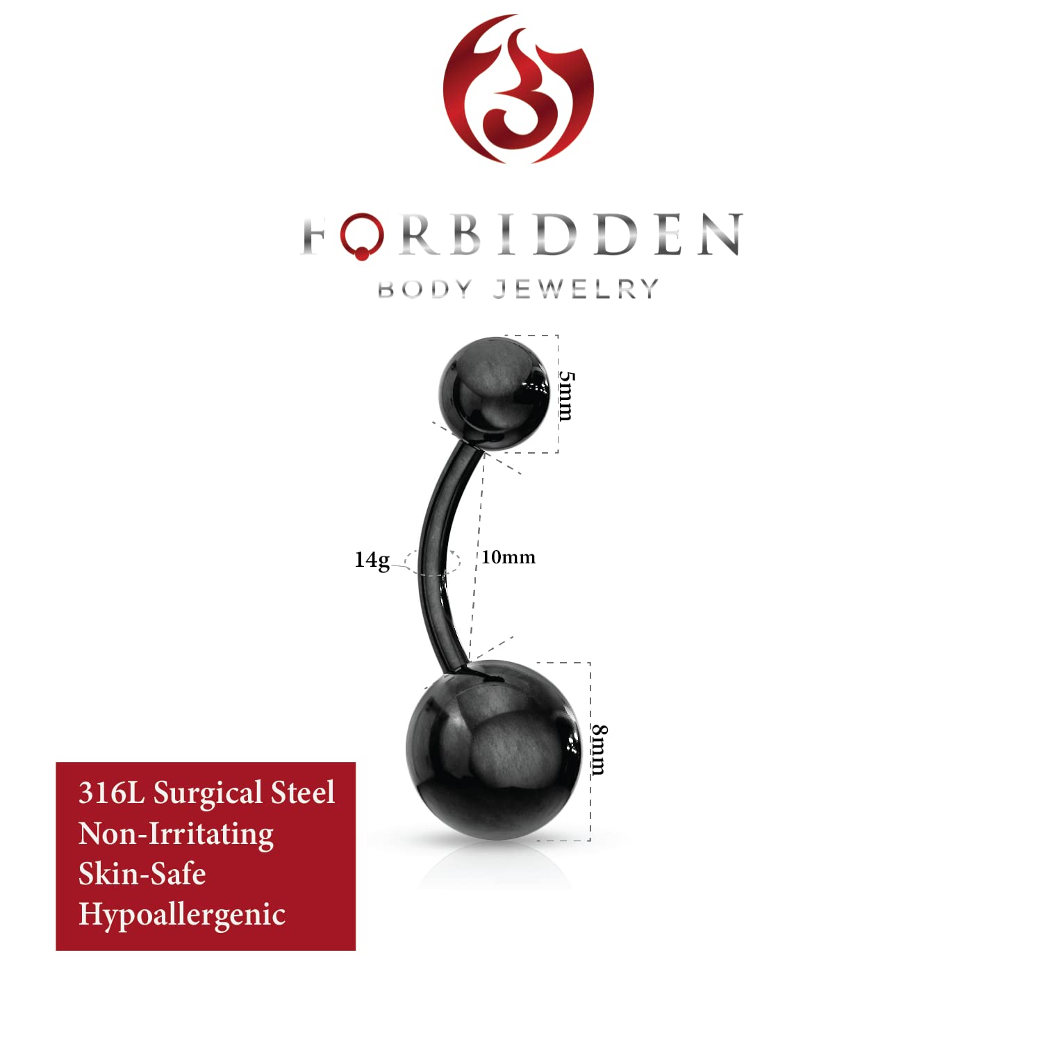 Forbidden Body Jewelry Belly Button Rings Surgical Steel High Shine Double Ball Belly Ring Titanium IP Plated 14G (Black)