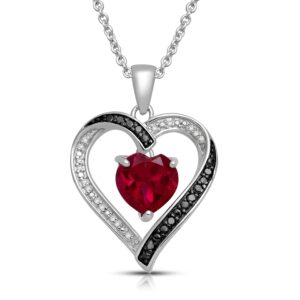 jewelili sterling silver pendant necklace with 8mm heart created ruby and treated black & natural white round diamonds, 1/10 cttw, 18" rolo chain