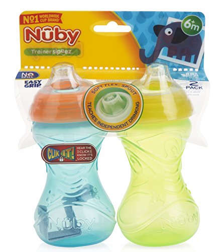 Nuby 2-Pack No-Spill Easy Grip Clik-It Cups, 10 Ounce, Colors May Vary