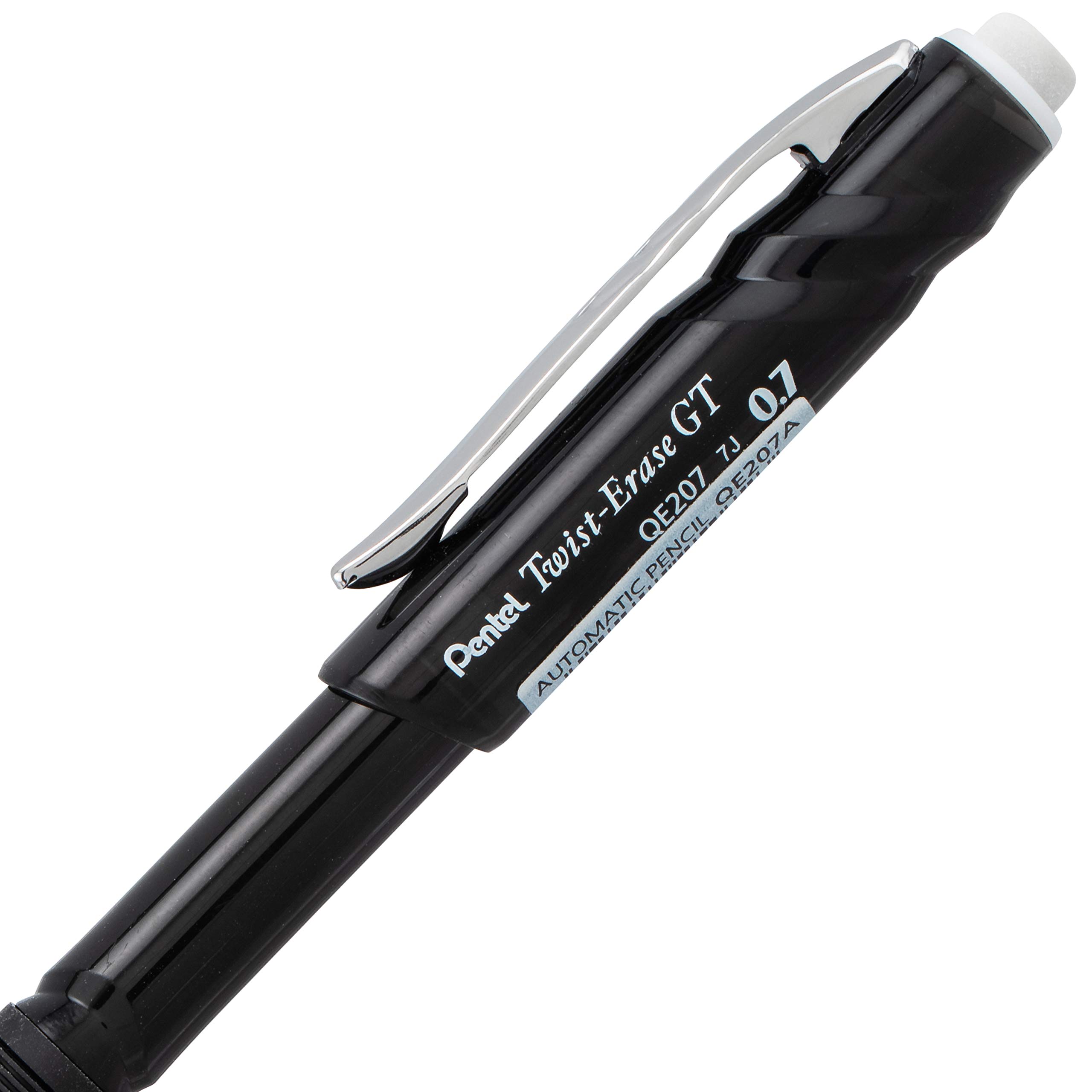 Pentel Twist-Erase GT, 0.7mm, Mechanical Pencil Transparent Black, Box of 12 (QE207A)